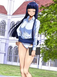 Rule 34 | 1girl, aoki reika, blue hair, blush, breasts, clothes lift, day, closed eyes, hand on own hip, hime cut, itachou, long hair, medium breasts, outdoors, panties, pencil skirt, precure, skirt, skirt lift, smile precure!, solo, standing, thigh gap, underwear, white panties