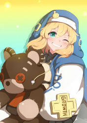 Rule 34 | 1boy, absurdres, androgyne symbol, black skirt, blonde hair, blue background, bridget (guilty gear), capo1 1, clenched teeth, commentary, drawstring, gradient background, green background, guilty gear, guilty gear strive, highres, holding, holding stuffed toy, hood, hood up, hooded jacket, jacket, long sleeves, looking at viewer, male focus, one eye closed, parted lips, pleated skirt, puffy sleeves, roger (guilty gear), skirt, smile, solo, stuffed animal, stuffed toy, teddy bear, teeth, trap, upper body, yellow background
