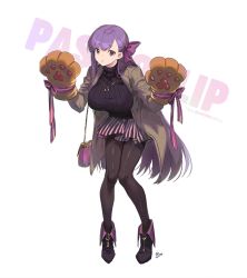 Rule 34 | animal hands, ankle boots, bad id, bad twitter id, boots, casual, fate/extra, fate/extra ccc, fate (series), full body, gloves, hair ribbon, high heel boots, high heels, jewelry, long hair, nagu, necklace, pantyhose, passionlip (fate), paw gloves, paw pose, purple eyes, purple hair, ribbon, skirt, solo, source request, standing, sweater, thighband pantyhose, zipper