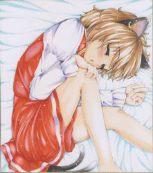 1girl animal_ears brown_hair cat_ears cat_girl cat_tail chen earrings female_focus ging_(tokushima) jewelry lying multiple_tails no_headwear no_headwear on_side shikishi short_hair sleeping solo tail touhou traditional_media