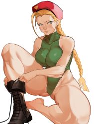 Rule 34 | 1girl, bare shoulders, blonde hair, blue eyes, boots, breasts, cammy white, capraraw, hat, highleg, highleg leotard, highres, large breasts, leotard, long hair, muscular, muscular female, sleeveless, street fighter