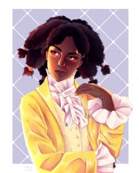 Rule 34 | 1girl, argyle, argyle background, argyle clothes, brown eyes, brown hair, canary (hunter x hunter), collared shirt, dark-skinned female, dark skin, european clothes, formal, frilled sleeves, frills, hair tie, highres, honey chicken, hunter x hunter, jacket, long hair, long sleeves, looking to the side, nail polish, shirt, smile, solo, upper body, very dark skin, waistcoat, white shirt, yellow jacket, yellow nails