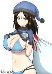Rule 34 | 1girl, artist name, bikini, black choker, black hair, blue bikini, blue capelet, blue eyes, blue gloves, blue hat, blue santa costume, breasts, bukkuri, capelet, carrying over shoulder, choker, christmas, cleavage, closed mouth, commentary, dated, fur-trimmed capelet, fur-trimmed gloves, fur trim, girls und panzer, gloves, hand in bikini, hand on own chest, hat, highres, large breasts, long hair, looking at viewer, multi-strapped bikini, navel, nonna (girls und panzer), sack, santa bikini, santa costume, santa hat, signature, simple background, smile, solo, standing, string bikini, swept bangs, swimsuit, white background