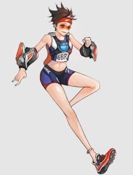 Rule 34 | 1girl, absurdres, anklet, bad id, bad twitter id, bare shoulders, bike shorts, blue nails, brown eyes, brown hair, chest harness, clenched hand, crop top, full body, goggles, grey background, hand up, harness, headband, highres, jewelry, leg up, m/, nail polish, navel, neosnim, open mouth, orange nails, overwatch, overwatch 1, shoes, short hair, shorts, simple background, sleeveless, smile, solo, spiked hair, sportswear, sprinter tracer, standing, standing on one leg, stomach, tracer (overwatch), track uniform, vambraces