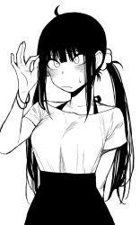 Rule 34 | 1girl, ahoge, arms behind back, blush, breasts, closed mouth, greyscale, haioku colonel, high-waist skirt, highres, long hair, low twintails, medium breasts, monochrome, original, shirt, short sleeves, sidelocks, simple background, skirt, solo, sweat, twintails, white background