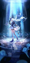 Rule 34 | 1girl, absurdres, air bubble, ascot, asymmetrical gloves, black gloves, blue ascot, blue brooch, blue eyes, blue footwear, blue hair, blue hat, blue jacket, bubble, ceiling, closed mouth, different reflection, floating hair, full body, furina (genshin impact), genshin impact, gloves, hair between eyes, hat, highres, indoors, jacket, komiya latte, legs, light blue hair, long hair, looking at viewer, mismatched gloves, multicolored hair, pillar, reflection, reflective floor, reflective surface, shadow, shorts, sidelocks, smile, socks, solo, spotlight, standing, streaked hair, top hat, two-tone hair, water, white gloves, white shorts, white socks