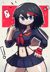 Rule 34 | !, 1girl, absurdres, artist name, black hair, black skirt, blue eyes, breasts, cowboy shot, dot nose, female focus, fingerless gloves, gloves, grin, hair between eyes, half-closed eyes, hand on own hip, heart, highres, holding, kill la kill, large breasts, looking at viewer, matoi ryuuko, midriff, miniskirt, navel, red gloves, school uniform, short hair, skirt, smile, solo, standing, thick thighs, thighs, tony welt, wide sleeves