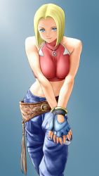 Rule 34 | 1girl, bare shoulders, belt, blonde hair, blue background, blue eyes, blue gloves, blue mary, blue pants, breasts, closed mouth, fatal fury, fingerless gloves, gloves, gradient background, highres, jewelry, lips, looking at viewer, medium breasts, midriff, necklace, pants, parted bangs, red tank top, short hair, simple background, sleeveless, snk, solo, tank top, the king of fighters, x chitch