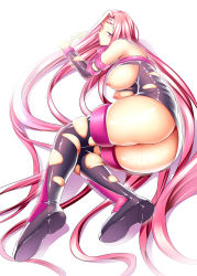 Rule 34 | 1girl, absurdres, ass, bare shoulders, blush, boots, breasts, dekapoi, facial mark, fate/stay night, fate (series), forehead mark, highres, large breasts, legs, long hair, lying, medusa (fate), medusa (rider) (fate), nipples, purple eyes, purple hair, pussy juice, shiny skin, smile, solo, thigh boots, thighhighs, torn clothes, very long hair