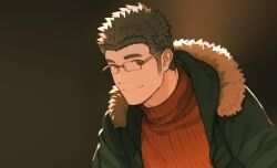 Rule 34 | 1boy, bara, black hair, brown background, brown eyes, closed mouth, coat, fur-trimmed coat, fur trim, glasses, green coat, looking at viewer, male focus, motoori shiro, red sweater, ribbed sweater, short hair, sideburns, smile, solo, sweater, tokyo houkago summoners, turtleneck, tyou, upper body