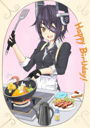 Rule 34 | 10s, 1girl, :d, absurdres, apron, black gloves, broccoli, brown eyes, cake, cardigan, cooking, dawn02, dawn (pixiv664387320), egg, eyepatch, fingerless gloves, food, frying pan, gloves, happy birthday, headgear, highres, kantai collection, kettle, necktie, open mouth, purple hair, short hair, shrimp, signature, sleeves rolled up, smile, solo, spatula, stove, tenryuu (kancolle), vegetable
