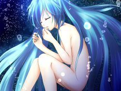 Rule 34 | 1girl, aoinanika, bad id, bad pixiv id, blue hair, closed eyes, female focus, fetal position, hatsune miku, long hair, nude, solo, twintails, underwater, very long hair, vocaloid