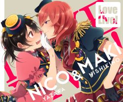Rule 34 | 10s, 2girls, black hair, blush, bow, character name, copyright name, epaulettes, food, food-themed ornament, fruit, gloves, hair bow, hat, highres, katase waka, looking at another, love live!, love live! school idol festival, love live! school idol project, md5 mismatch, multiple girls, necktie, nishikino maki, open mouth, orange (fruit), puffy short sleeves, puffy sleeves, purple eyes, red eyes, red hair, short hair, short sleeves, smile, twintails, yazawa nico, yuri