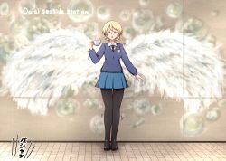 Rule 34 | 1girl, angel wings, black footwear, black necktie, black pantyhose, blonde hair, blue skirt, blue sweater, braid, brick floor, commentary, cup, darjeeling (girls und panzer), dress shirt, emblem, english text, facing viewer, girls und panzer, highres, holding, holding cup, loafers, long sleeves, miniskirt, motion lines, necktie, omachi (slabco), open mouth, outdoors, pantyhose, pleated skirt, real world location, school uniform, shirt, shoes, short hair, skirt, solo, st. gloriana&#039;s (emblem), st. gloriana&#039;s school uniform, standing, sweater, teacup, twin braids, v-neck, white shirt, white wings, wing collar, wings