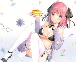 Rule 34 | 1girl, 6u (eternal land), :q, absurdres, apron, ass, bare shoulders, bikini, black bikini, black footwear, blue eyes, bow, bowtie, breasts, cleavage, collarbone, convenient leg, detached collar, flower, food, go-toubun no hanayome, hair ornament, halterneck, hands up, highres, holding, holding tray, jacket, large breasts, long sleeves, looking at viewer, maid, maid apron, maid bikini, maid headdress, mary janes, nail polish, nakano nino, off shoulder, open clothes, open jacket, pancake, pink hair, purple flower, purple jacket, scan, shoes, short hair, side-tie bikini bottom, smile, solo, swimsuit, thighhighs, tongue, tongue out, tray, unconventional maid, v, water, white thighhighs