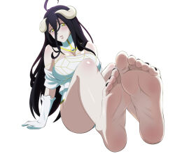 Rule 34 | 1girl, ahoge, albedo (overlord), arm support, barefoot, black hair, black nails, blush, breasts, commentary, detached collar, eyelashes, feet, foreshortening, gloves, gradient hair, hair between eyes, horns, knees up, large breasts, legs, legs together, long hair, multicolored hair, nail polish, no pants, overlord (maruyama), panties, purple hair, shirt, simple background, sitting, slit pupils, soles, solo, strapless, toenail polish, toenails, toes, underwear, white background, white gloves, white horns, white panties, white shirt, yellow eyes, zorzero