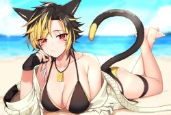 Rule 34 | 1girl, animal ears, warrior of light (ff14), bare shoulders, barefoot, beach, bikini, black bikini, black gloves, black hair, blurry, breasts, cat ears, cat girl, cat tail, cleavage, closed mouth, collarbone, commission, day, depth of field, facial mark, final fantasy, final fantasy xiv, gloves, halterneck, hand up, jacket, jewelry, kinsenka momi, large breasts, legs up, long sleeves, looking at viewer, lying, multicolored hair, necklace, off shoulder, on stomach, open clothes, open jacket, original, outdoors, red eyes, short hair, skeb commission, solo, string bikini, swimsuit, tail, tail raised, the pose, thigh strap, thighs, two-tone hair, white jacket