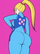Rule 34 | 1girl, animated, ass, ass shake, blonde hair, blue bodysuit, bodysuit, bouncing breasts, breasts, dancing, from behind, hand on own hip, huge ass, jam-orbital, large breasts, long hair, metroid, nintendo, pink background, ponytail, samus aran, solo, video, zero suit