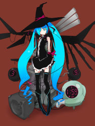 Rule 34 | 1girl, 39, arms behind back, bare shoulders, black footwear, black hat, black shirt, black skirt, black thighhighs, blue hair, boots, circled 9, frilled skirt, frills, gradient hair, hair over one eye, hat, hatsune miku, inemuri uno, kasoku sekai - accel world (vocaloid), long hair, miniskirt, multicolored hair, pigeon-toed, shirt, simple background, skirt, sleeveless, sleeveless shirt, solo, speaker, tagme, thighhighs, twintails, very long hair, vocaloid, witch, witch hat, zettai ryouiki