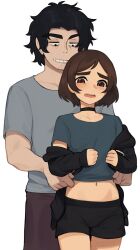 2boys artist_self-insert black_choker black_hair black_jacket black_shorts blush brown_eyes brown_hair choker collarbone commentary english_commentary facial_hair grey_shirt grin highres jacket long_sleeves midriff mole mole_on_collarbone multiple_boys navel off_shoulder open_clothes open_jacket open_mouth original shirt shorts simple_background sleeves_past_wrists smile stubble trap white_background yaoi yoako