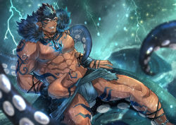 Rule 34 | 1boy, abs, absurdres, anchor necklace, bara, bare pectorals, blue fire, bulge, dark-skinned male, dark skin, facial hair, feet out of frame, fire, fur trim, goatee, grin, highres, kageru (mofnyan), large pectorals, loincloth, male focus, mature male, multicolored hair, muscular, muscular male, navel, necklace, nipples, pectorals, revealing clothes, short hair, sideburns, smile, solo, spiked hair, stomach, stomach tattoo, tangaroa (housamo), tangaroa mugen (housamo), tattoo, tentacles, tentacles on male, thick thighs, thighs, tokyo houkago summoners, tribal tattoo, two-tone hair, yellow eyes