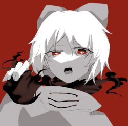 Rule 34 | 1girl, badai, bow, chinese commentary, cloak, collared cloak, commentary request, disembodied head, eyelashes, fingerless gloves, gloves, greyscale with colored background, hair bow, half-closed eyes, hand up, high collar, highres, looking at viewer, open mouth, red background, red eyes, sekibanki, sekibanki day, short hair, smoke, spot color, teeth, touhou, upper body