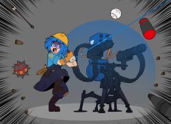 Rule 34 | @ @, aimturein, arrow (projectile), baseball, blu engineer (tf2), blue hair, blue overalls, blue shirt, boots, bullet, cable, cosplay, crossover, crying, crying aqua (meme), crying with eyes open, dome, energy barrier, energy shield, engineer (tf2), engineer (tf2) (cosplay), explosive, goggles, green eyes, grenade, gun, hard hat, helmet, highres, holding, holding weapon, imminent death, incoming attack, insignia, kawashiro nitori, knee pads, laser, lazypurple, machine gun, machinery, meme, mine (weapon), open mouth, overall skirt, overalls, parody, patch, rocket, satellite dish, scared, scene reference, screaming, sentry, shirt, sweat, sweatdrop, team fortress 2, tears, tongue, tool belt, touhou, turret, weapon