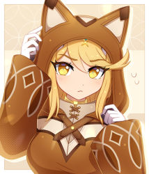 Rule 34 | animal hood, blonde hair, breasts, cosplay, disguised pyra (xenoblade), enni, gloves, hood, hood up, large breasts, mythra (xenoblade), pyra (xenoblade), pyra (xenoblade) (cosplay), swept bangs, tiara, upper body, white gloves, xenoblade chronicles (series), xenoblade chronicles 2, yellow eyes