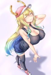 Rule 34 | 10s, 1girl, ;), ally (eden154), baseball cap, black thighhighs, blonde hair, blue hair, blush, breasts, cleavage, covered erect nipples, dragon girl, from above, full body, gradient hair, green hair, hat, highres, kobayashi-san chi no maidragon, large breasts, lucoa (maidragon), multicolored hair, nose blush, one eye closed, shoes, shorts, smile, sneakers, solo, standing, tank top, thighhighs, wavy hair