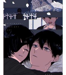 Rule 34 | 1boy, 1girl, black hair, black jacket, black necktie, blue eyes, blue theme, bouquet, chainsaw man, cheek-to-cheek, collared shirt, earrings, eyepatch, flower, formal, graveyard, hayakawa aki, heads together, highres, himeno (chainsaw man), hug, imminent bite, jacket, jewelry, looking afar, looking up, necktie, okita (cs mng), on bed, open mouth, pillarboxed, shirt, short hair, suit, white shirt