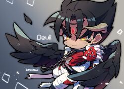 Rule 34 | 1boy, bandages, black hair, black wings, character name, closed mouth, devil jin, facial mark, feathered wings, forehead jewel, frown, gloves, grey background, grey horns, horns, kazama jin, kotorai, looking ahead, male focus, red gloves, short hair, signature, solo, tekken, thick eyebrows, v-shaped eyebrows, wings, yellow eyes
