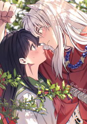 Rule 34 | 1boy, 1girl, animal ears, bead necklace, beads, black hair, blue eyes, blurry, blurry background, blurry foreground, blush, breasts, couple, dog boy, dog ears, green sailor collar, hair between eyes, hetero, highres, higurashi kagome, imminent kiss, in tree, inuyasha, inuyasha (character), japanese clothes, jewelry, katana, leaf, long hair, medium breasts, motobi (mtb umk), necklace, necktie, red necktie, red shirt, sailor collar, shirt, sidelocks, slit pupils, sweatdrop, sword, tooth necklace, tree, twitter username, upper body, weapon, white hair, white shirt, wide sleeves, yellow eyes