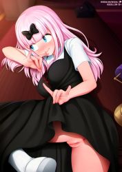 Rule 34 | 1girl, anus, bent over, black bow, black dress, blue eyes, blunt bangs, blush, bow, breasts, closed mouth, clothes lift, dress, dress lift, embarrassed, eyes visible through hair, fingernails, fujiwara chika, hair bow, lifting own clothes, long hair, looking away, medium breasts, neocoill, no panties, on table, pink hair, pussy, pussy juice, shoes, socks, solo, table, uncensored, white footwear