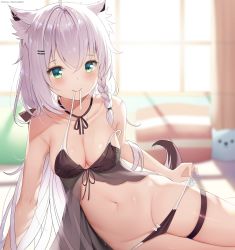 Rule 34 | 1girl, ahoge, animal ear fluff, animal ears, arm support, babydoll, bangs, bare shoulders, black panties, blush, braid, breasts, chintora0201, cleavage, collarbone, commentary, english commentary, eyebrows visible through hair, fox ears, fox girl, fox tail, green eyes, hair between eyes, hair ornament, hairpin, highres, hololive, long hair, looking at viewer, lying, medium breasts, mouth hold, navel, on side, panties, panty pull, shirakami fubuki, solo, stomach, tail, thigh strap, underwear, very long hair, virtual youtuber, white hair