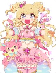 Rule 34 | 1girl, :d, bad id, bad twitter id, blonde hair, commentary request, crop top, detached sleeves, frilled skirt, frills, gloves, hair ornament, hands up, hikaru (hkr3224), holding, holding microphone, idol clothes, idol time pripara, long hair, looking at viewer, microphone, navel, open mouth, pink gloves, pink skirt, pink thighhighs, pretty series, pripara, puffy detached sleeves, puffy sleeves, punicorn, purple eyes, ringlets, skirt, smile, solo, standing, star (symbol), star hair ornament, thighhighs, two side up, unicorn, white background, yumekawa yui