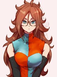 Rule 34 | 1girl, android 21, black-framed eyewear, blue eyes, breasts, checkered clothes, checkered dress, detached sleeves, dragon ball, dragon ball fighterz, dress, glasses, hair between eyes, kemachiku, large breasts, long hair, looking at viewer, pink background, red hair, simple background, solo