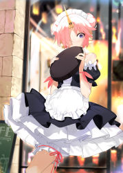 Rule 34 | 1girl, absurdres, aida (chinhung0612), alternate costume, apron, bare shoulders, black dress, bloomers, blue eyes, blush, breasts, double bun, dress, enmaided, fate/apocrypha, fate/grand order, fate (series), frankenstein&#039;s monster (fate), frilled apron, frills, hair bun, hair over one eye, highres, horns, looking at viewer, maid, maid headdress, pink hair, pink ribbon, puffy short sleeves, puffy sleeves, ribbon, short hair, short sleeves, single horn, solo, thighs, tray, underwear, waist apron, white apron, white bloomers