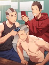 Rule 34 | 3boys, abs, bathroom, black tank top, brown eyes, cellphone, electric razor, grin, hair clipper, hand on another&#039;s head, highres, holding, holding phone, hood, hood down, hoodie, looking at another, looking at phone, male focus, multiple boys, muscular, muscular male, open mouth, original, phone, red hoodie, shaved head, smartphone, smile, tank top, tettabuzz, toned, toned male, topless male