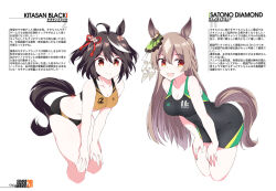 Rule 34 | 2girls, ahoge, animal ears, bikini, black hair, black one-piece swimsuit, blue eyes, bob cut, bow, braid, breasts, brown eyes, brown hair, character name, cleavage, commentary request, competition swimsuit, copyright name, cropped legs, crossed arms, ear ornament, ear ribbon, french braid, hair between eyes, half updo, hands on own knees, hands on own thighs, horse ears, horse girl, horse tail, kitasan black (umamusume), kouhaku nawa, long hair, looking back, medium breasts, multicolored bikini, multicolored clothes, multicolored hair, multiple girls, navel, one-piece swimsuit, red eyes, red ribbon, revision, ribbon, rope, satono diamond (umamusume), shigino sohuzi, shimenawa, short hair, simple background, sports bikini, standing, streaked hair, striped bikini, striped clothes, swimsuit, tail, translation request, two-tone hair, umamusume, white background, white hair