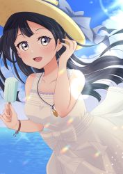 Rule 34 | 1girl, a jet black magician (love live!), artist name, artist request, bare shoulders, black hair, blue hair, blue sky, blush, bow, breasts, brown hat, cloud, collarbone, crescent, crescent necklace, dark blue hair, day, dress, dress bow, female focus, floating hair, food, grey eyes, hat, highres, holding, holding food, jewelry, long hair, looking at viewer, love live!, love live! nijigasaki high school idol club, love live! school idol festival, love live! school idol festival all stars, medium breasts, miniskirt, nail, nail polish, necklace, ocean, outdoors, parted lips, pink nails, plaid, plaid dress, plaid skirt, pleated, pleated dress, pleated skirt, ponytail, popsicle, pukonuu, side ponytail, skirt, sky, smile, solo, striped, striped bow, sun, sundress, sunlight, white bow, white dress, white skirt, yuki setsuna (love live!)