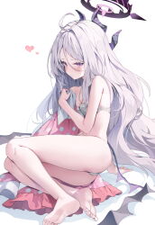 Rule 34 | 1girl, ass, barefoot, black horns, black wings, blue archive, blush, bra, breasts, closed mouth, demon horns, demon wings, grey bra, grey hair, grey panties, halo, heart, highres, hina (blue archive), hina (pajamas) (blue archive), horns, huwari (dnwls3010), long hair, looking at viewer, multiple horns, official alternate costume, pajamas, panties, pink pajamas, polka dot, polka dot pajamas, purple eyes, simple background, small breasts, soles, solo, toes, underwear, white background, wings