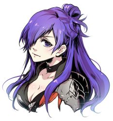 Rule 34 | 1girl, breasts, choker, cleavage, fire emblem, fire emblem: three houses, fire emblem warriors: three hopes, hair bun, hair over one eye, highres, large breasts, long hair, looking at viewer, nintendo, purple eyes, purple hair, shez (female) (fire emblem), shez (fire emblem), simple background, single hair bun, solo, umi ( oneinchswing)