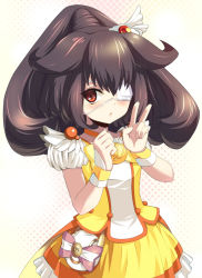 Rule 34 | 1girl, another, black hair, blush, bow, cosplay, cure peace, cure peace (cosplay), eyepatch, hair flaps, hellnia, misaki mei, precure, red eyes, season connection, skirt, smile precure!, solo, tiara, v, white background, wide ponytail, yellow bow, yellow skirt