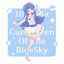Rule 34 | 10s, 1girl, bad id, bad pixiv id, blue background, blue eyes, blue hair, blue theme, character name, check (check book), dress, english text, eyelashes, full body, happinesscharge precure!, happy, high heels, jewelry, long hair, looking at viewer, matching hair/eyes, open mouth, precure, ribbon, shirayuki hime, shoes, smile, solo, standing, v, white background, white dress, wink