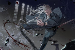 Rule 34 | 1boy, beard, black suit, blood, blood splatter, boots, chain, chaind, chained, dynamic pose, facial hair, fighting stance, floating hair, foot out of frame, formal, golden kamuy, grey eyes, highres, hijikata toshizou (golden kamuy), holding, holding sword, holding weapon, katana, leather, leather boots, long hair, long sleeves, male focus, old, old man, scabbard, sheath, solo, suit, sword, thick eyebrows, w55674570w, weapon, white hair, wind, wind lift, wrinkled skin