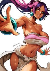 1girl aqua_nails armpits bare_shoulders bion_(insomn_bion) bleach bracelet breasts chel_(the_road_to_el_dorado) chel_(the_road_to_el_dorado)_(cosplay) cleavage collarbone commentary cosplay crop_top dark-skinned_female dark_skin earrings english_commentary floating_hair highres jewelry large_breasts long_hair looking_at_viewer nail_polish navel open_hands parted_bangs pelvic_curtain ponytail purple_hair shihouin_yoruichi smile solo stomach strapless the_road_to_el_dorado thighs toned_female tube_top two-tone_tube_top white_loincloth yellow_eyes