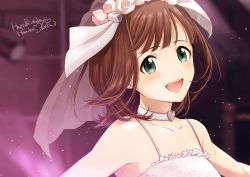 Rule 34 | 1girl, 2019, :d, amami haruka, blurry, blurry background, bow, bridal veil, brown hair, character name, choker, collarbone, dated, dress, flower, green eyes, hair bow, hair flower, hair ornament, happy birthday, head wreath, heart, heart choker, idolmaster, idolmaster (classic), nogoodlife, open mouth, portrait, short hair, sleeveless, smile, solo, spaghetti strap, veil, wedding dress, white bow, white choker, white flower