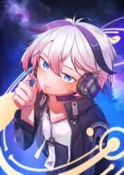 Rule 34 | 1girl, absurdres, adjusting headphones, black jacket, blue eyes, cevio, choker, ci flower, collarbone, flower (vocaloid), galaxy background, headphones, highres, j inu gami, jacket, light blush, looking at viewer, multicolored hair, open clothes, open jacket, purple background, purple choker, purple hair, purple nails, shirt, short hair, smile, solo, star (sky), streaked hair, upper body, white hair, white shirt