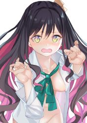 Rule 34 | 1girl, black hair, blush, bow, bowtie, breasts, character request, collared shirt, colored inner hair, cowboy shot, embarrassed, fang, fingernails, green bow, green bowtie, hands up, kantai collection, long sleeves, looking at viewer, luicent, medium breasts, multicolored hair, naganami (kancolle), naked shirt, nipple slip, nipples, open mouth, out-of-frame censoring, pink hair, shirt, simple background, solo, white background, white shirt, wing collar, yellow eyes