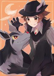 Rule 34 | 1boy, black headwear, black pants, blush, brown eyes, brown hair, buttons, claw pose, closed mouth, collared shirt, commentary request, creatures (company), crescent, fang, fang out, game freak, gen 3 pokemon, goma (nabepa nabepa), grey shirt, hat, highres, hilbert (fall 2020) (pokemon), hilbert (pokemon), jewelry, male focus, mightyena, necklace, nintendo, official alternate costume, pants, pokemon, pokemon (creature), pokemon masters ex, shirt, smile